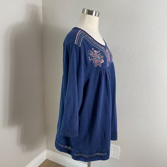 NorthStyle Womens Plus 2X Embroidered Tunic Top Blue 3/4 Sleeve Boho Shirt - Picture 3 of 11